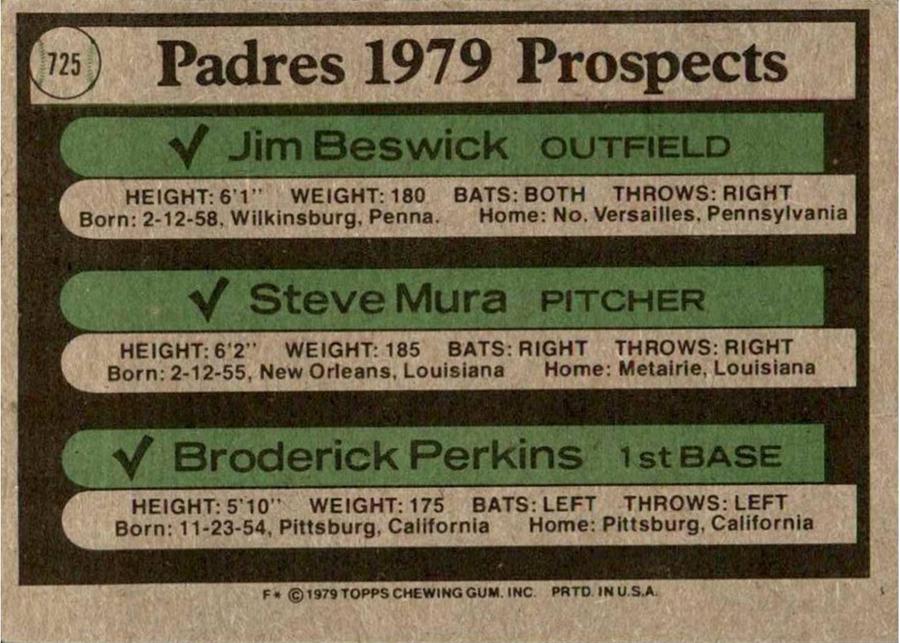 1979 Topps #725 Padres 1979 Prospects card back