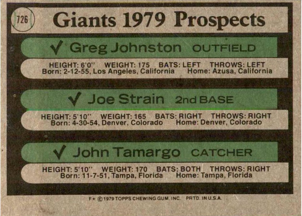 1979 Topps #726 Giants 1979 Prospects card back