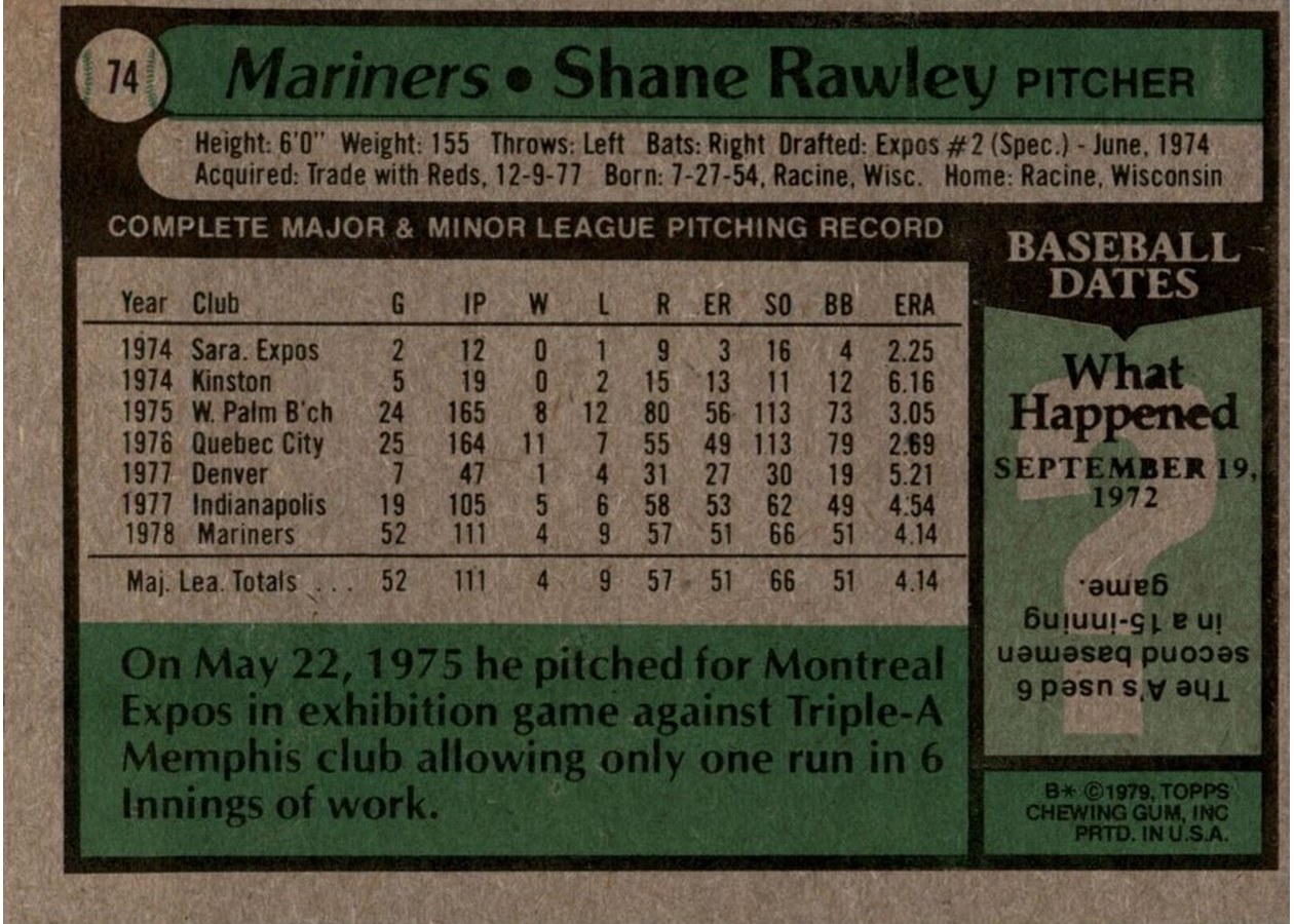 1979 Topps #74 Shane Rawley card back