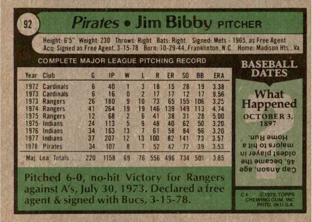 1979 Topps #92 Jim Bibby card back
