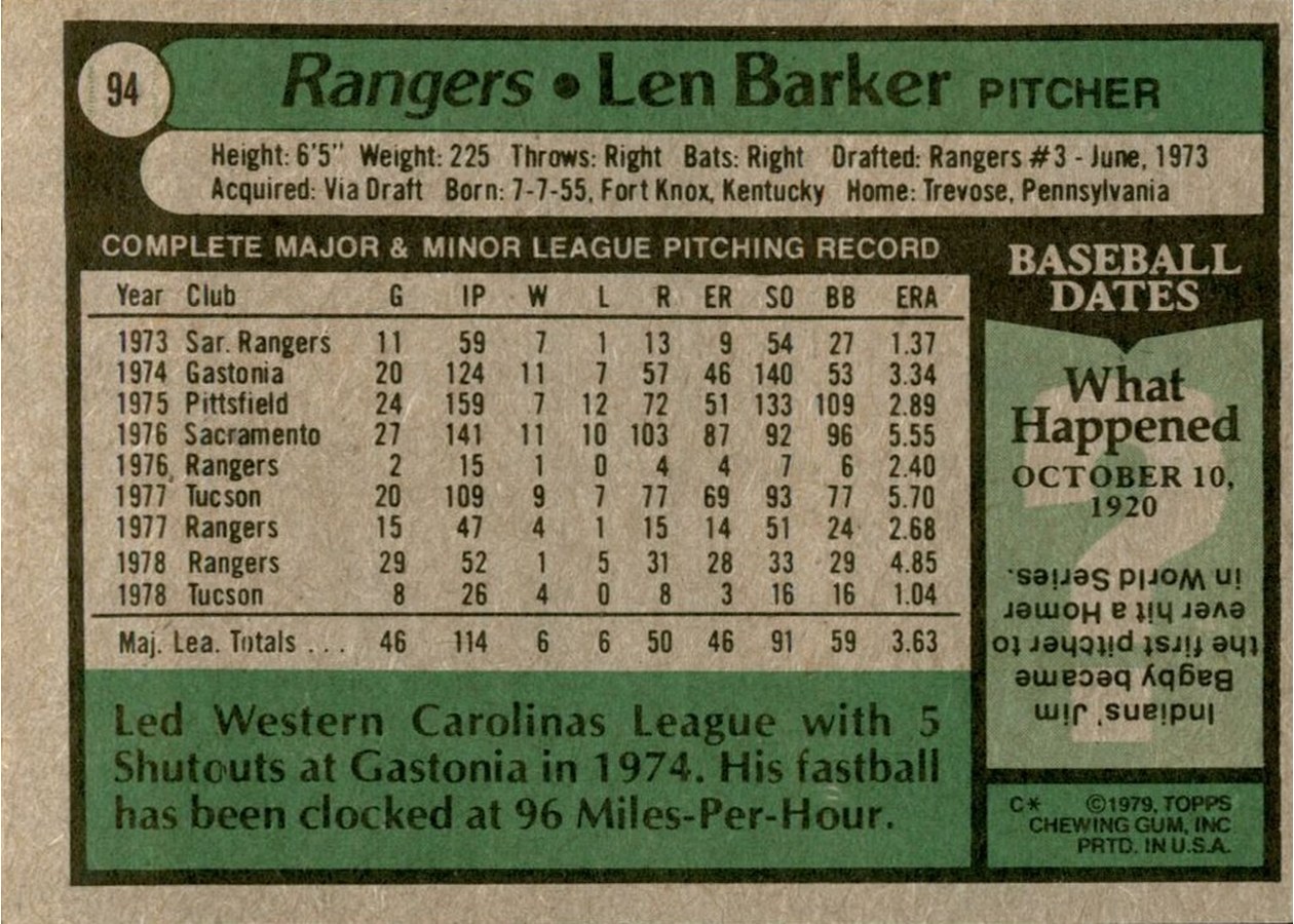 1979 Topps #94 Len Barker card back