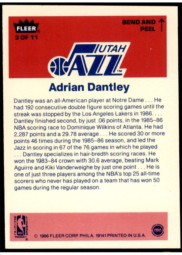 1986-87 Fleer Sticker #3 Adrian Dantley card back