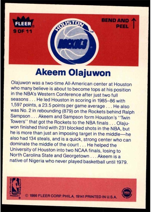 1986-87 Fleer Sticker #9 Akeem Olajuwon card back