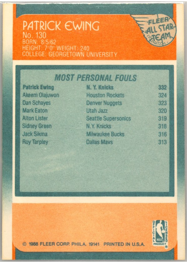 1988-89 Fleer #130 Patrick Ewing card back