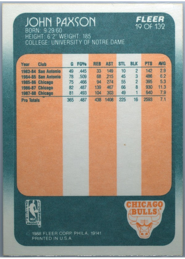 1988-89 Fleer #19 John Paxson card back