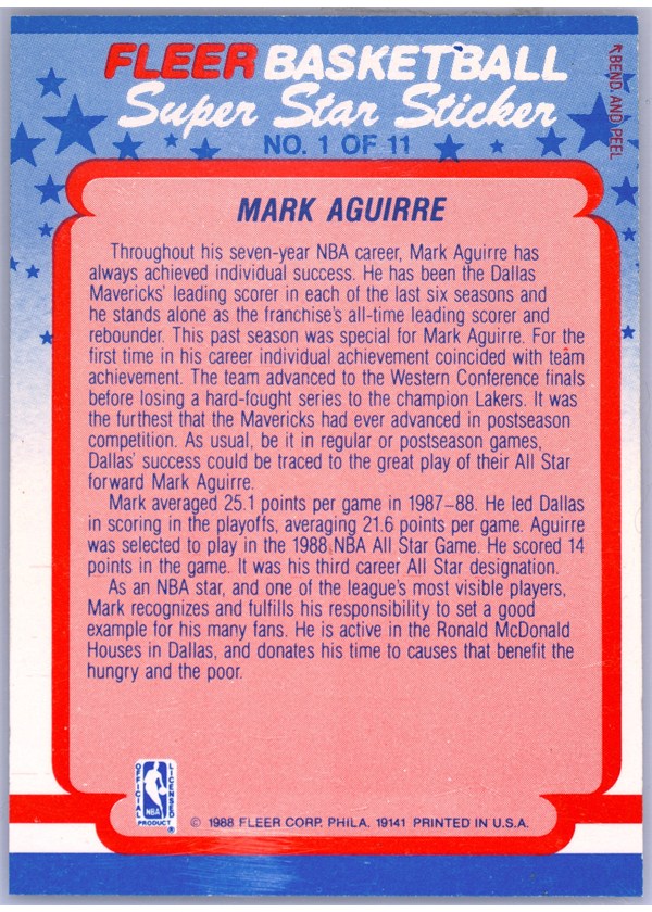 1988-89 Fleer Sticker #1 Mark Aguirre sticker back