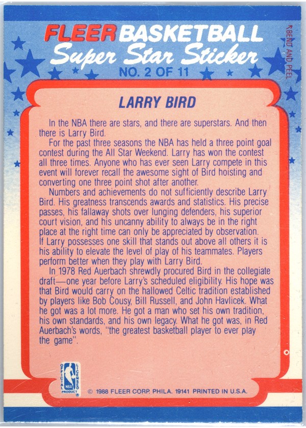 1988-89 Fleer Sticker #2 Larry Bird sticker back