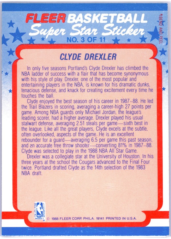 1988-89 Fleer Sticker #3 Clyde Drexler sticker back