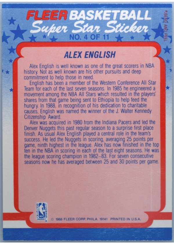 1988-89 Fleer Sticker #4 Alex English sticker back