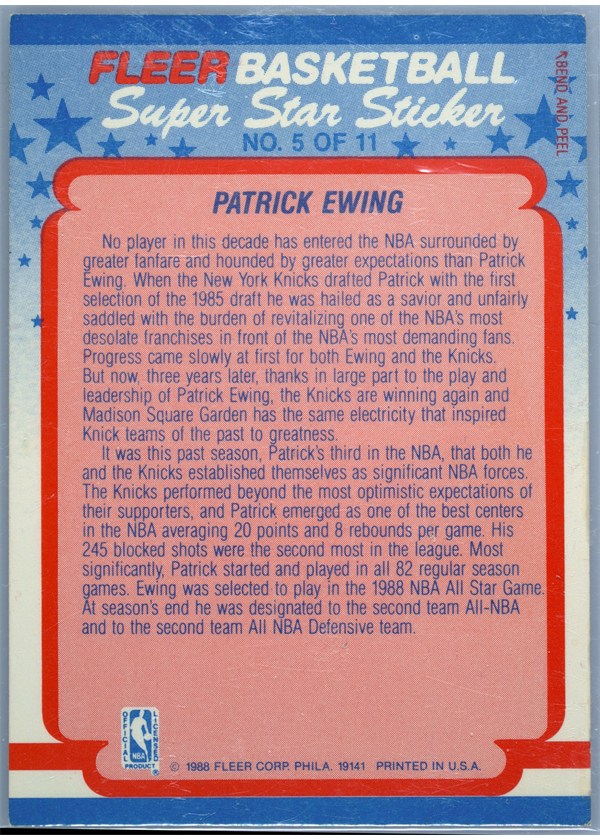 1988-89 Fleer Sticker #5 Patrick Ewing sticker back