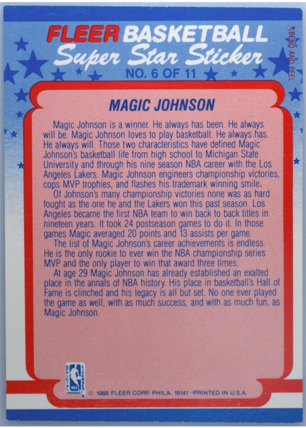1988-89 Fleer Sticker #6 Magic Johnson sticker back