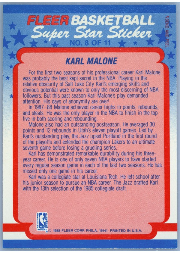 1988-89 Fleer Sticker #8 Karl Malone sticker back