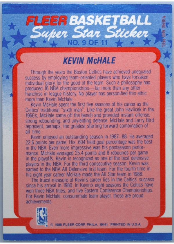 1988-89 Fleer Sticker #9 Kevin McHale sticker back
