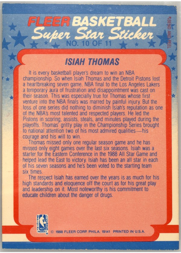 1988-89 Fleer Sticker #10 Isiah Thomas sticker back