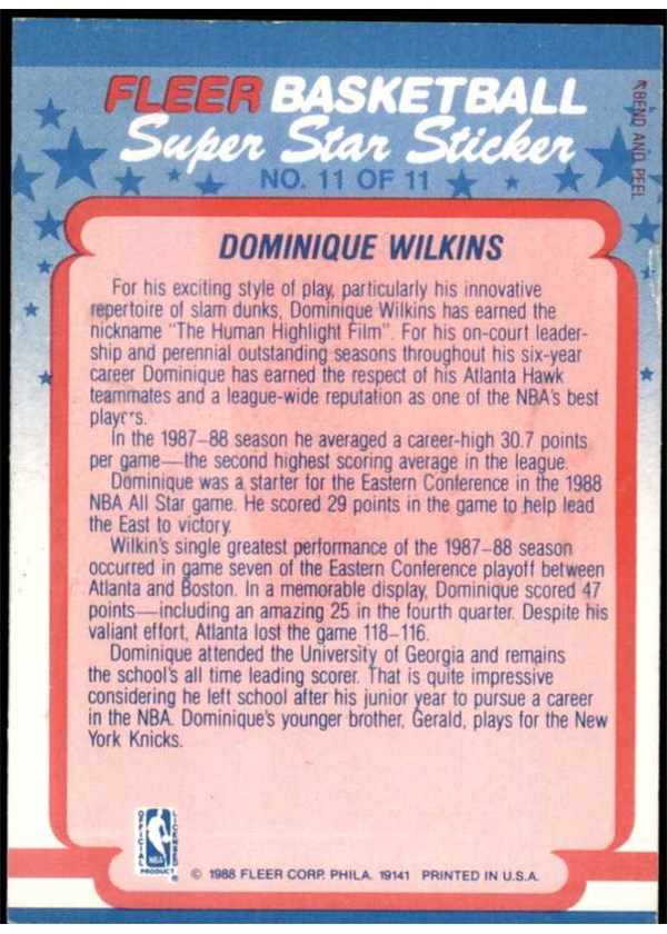 1988-89 Fleer Sticker #11 Dominique Wilkins sticker back