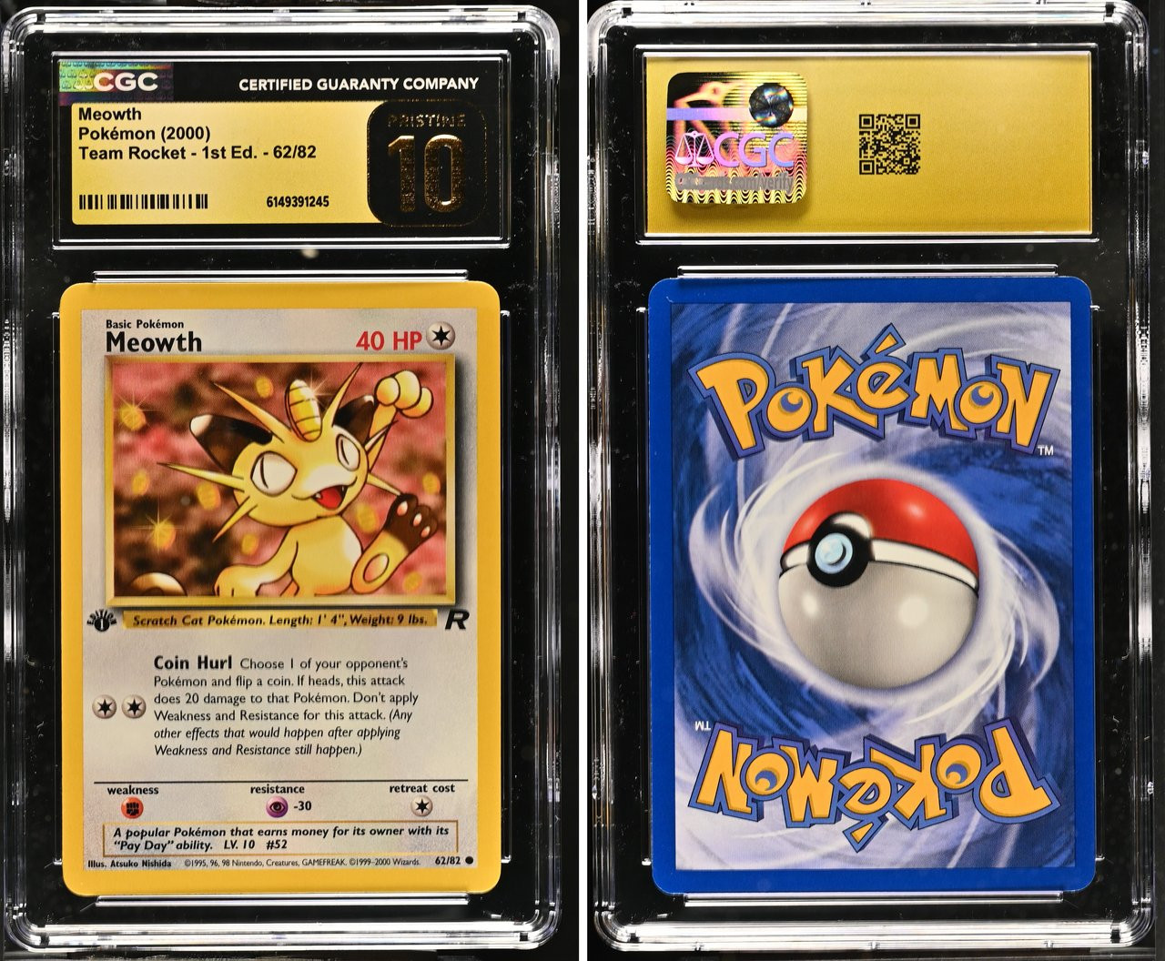 CGC Pristine 10 2000 Pokemon Team Rocket Meowth #62/82 1st Edition