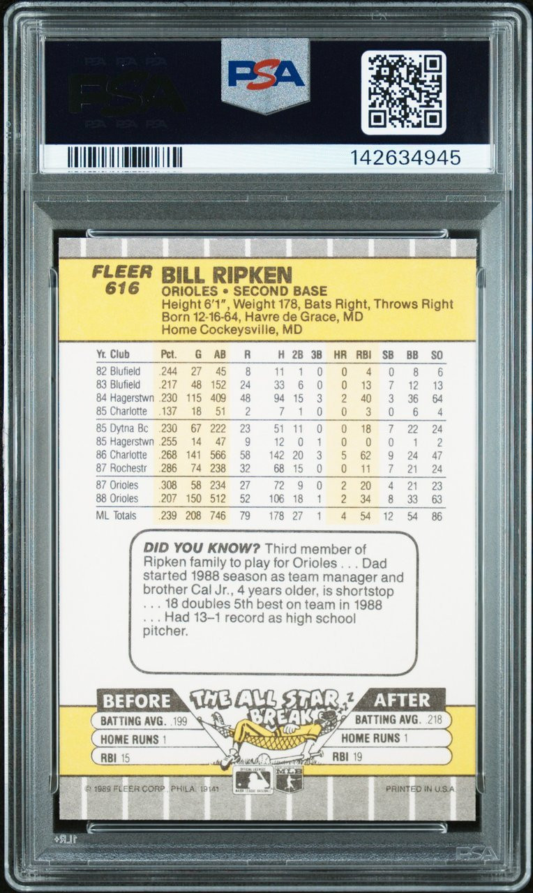 PSA 9 1989 Fleer Bill Ripken #616 FF Error Baltimore Orioles