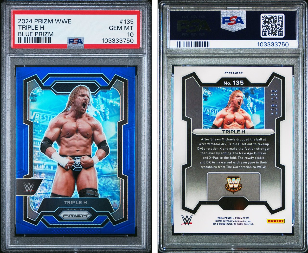 PSA 10 2024 Panini Prizm WWE Triple H #135 Blue Prizm /199 HOF