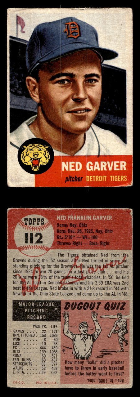 1953 Topps Ned Garver #112 Detroit Tigers Low Grade - Creases