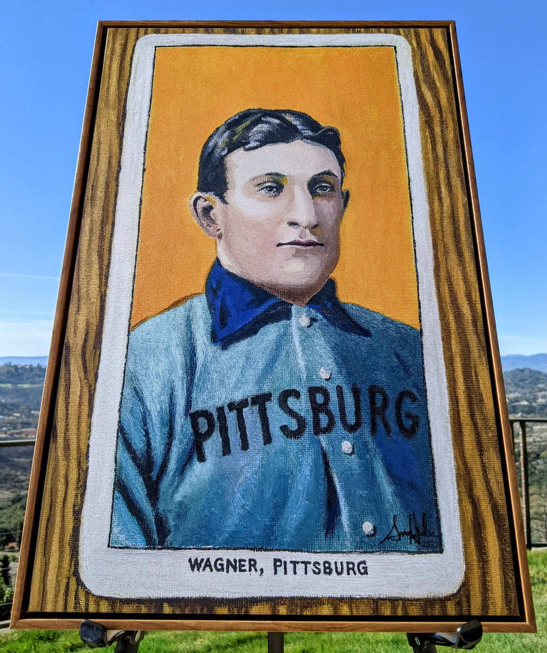 T206 Honus Wagner Portrait Art Wood Baseball Card Sign Display