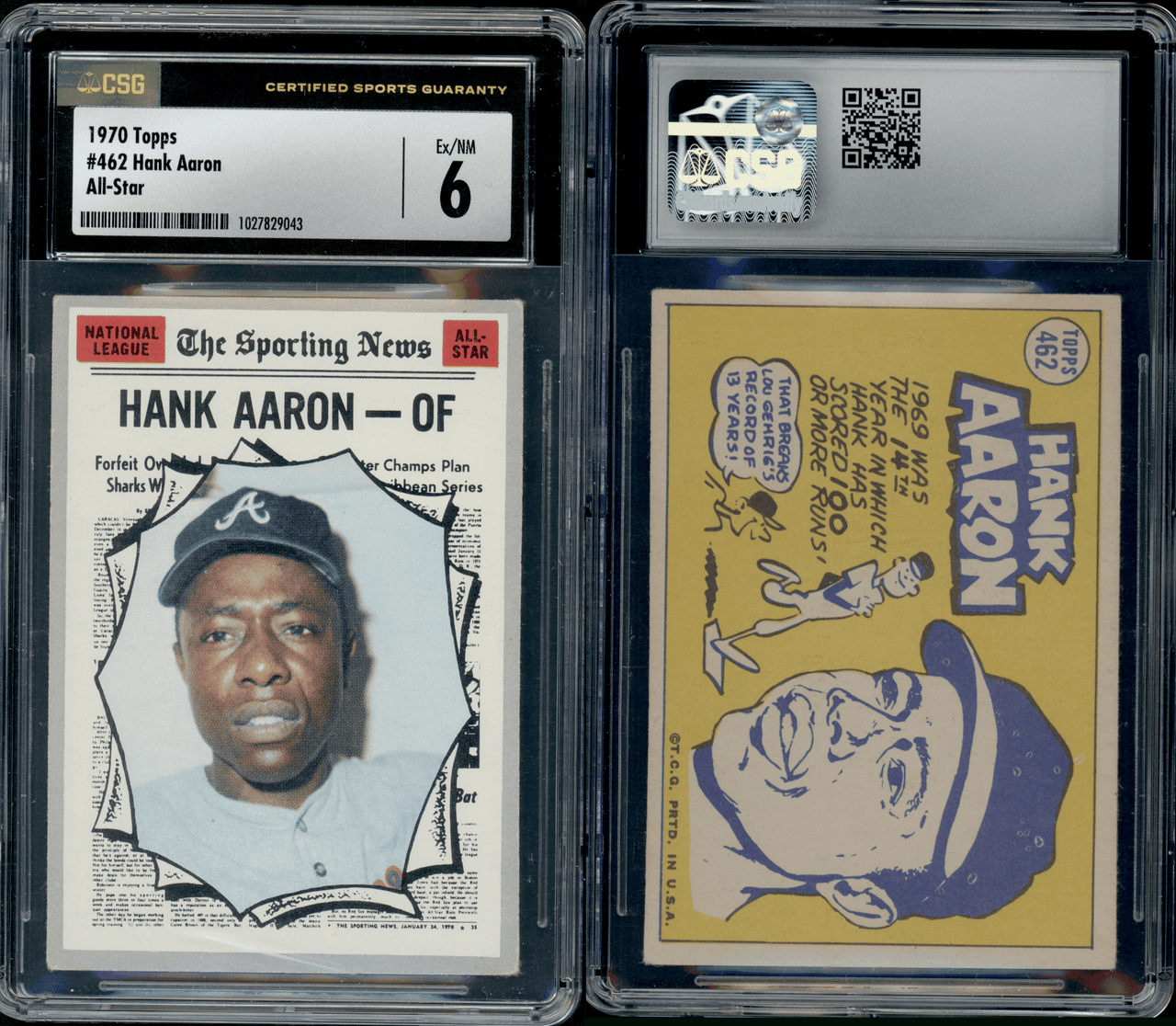 1969 Topps #100 Hank Aaron Atlanta Braves Baseball Card Sgc 5 Ex