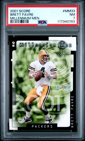 2001 Score Brett Favre #MM33 Millenium Men 525/1000 Green Bay Packers HOF PSA 7 front of card 2001 Score Brett Favre #MM33 Millenium Men 525/1000 Green Bay Packers HOF PSA 7 front of card