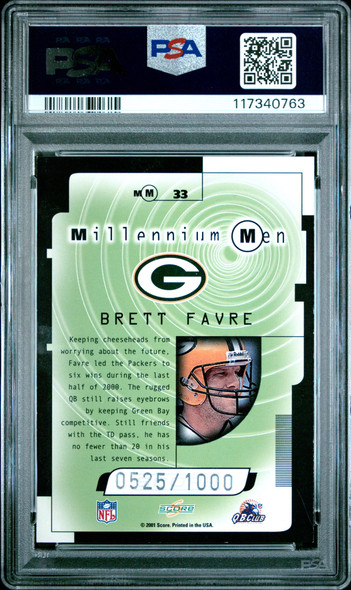 2001 Score Brett Favre #MM33 Millenium Men 525/1000 Green Bay Packers HOF PSA 7 back of card 2001 Score Brett Favre #MM33 Millenium Men 525/1000 Green Bay Packers HOF PSA 7 back of card