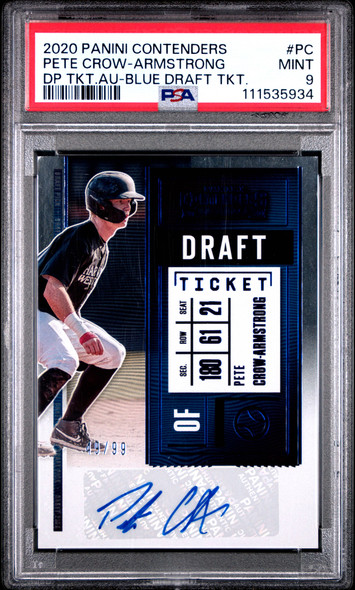 2020 Panini Contenders Pete Crow-Armstrong #PC Draft Pick Ticket Autographs Blue, 49/99 Chicago Cubs On-Card Autograph RC PSA 9 front of card 2020 Panini Contenders Pete Crow-Armstrong #PC Draft Pick Ticket Autographs Blue, 49/99 Chicago Cubs On-Card Autograph RC PSA 9 front of card