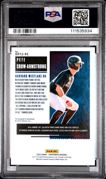 2020 Panini Contenders Pete Crow-Armstrong #PC Draft Pick Ticket Autographs Blue, 49/99 Chicago Cubs On-Card Autograph RC PSA 9 back of card 2020 Panini Contenders Pete Crow-Armstrong #PC Draft Pick Ticket Autographs Blue, 49/99 Chicago Cubs On-Card Autograph RC PSA 9 back of card