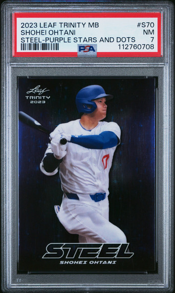 2023 Leaf Trinity Shohei Othani #S70 Steel Purple Stars and Dots Los Angeles Dodgers PSA 7 front of card 2023 Leaf Trinity Shohei Othani #S70 Steel Purple Stars and Dots Los Angeles Dodgers PSA 7 front of card