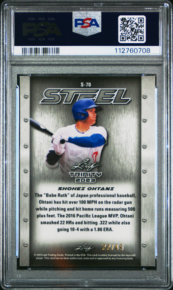 2023 Leaf Trinity Shohei Othani #S70 Steel Purple Stars and Dots Los Angeles Dodgers PSA 7 back of card 2023 Leaf Trinity Shohei Othani #S70 Steel Purple Stars and Dots Los Angeles Dodgers PSA 7 back of card