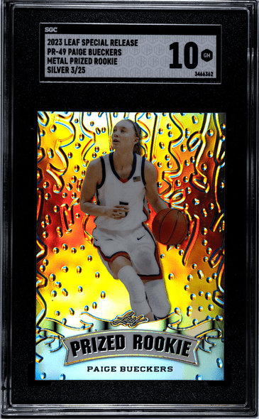 2023 Leaf Special Release Paige Bueckers #PR-49 Metal Prized Rookie Silver, 3/25 UCONN Huskies RC SGC 10 front of card 2023 Leaf Special Release Paige Bueckers #PR-49 Metal Prized Rookie Silver, 3/25 UCONN Huskies RC SGC 10 front of card