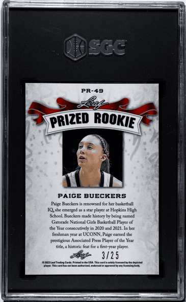 2023 Leaf Special Release Paige Bueckers #PR-49 Metal Prized Rookie Silver, 3/25 UCONN Huskies RC SGC 10 back of card 2023 Leaf Special Release Paige Bueckers #PR-49 Metal Prized Rookie Silver, 3/25 UCONN Huskies RC SGC 10 back of card