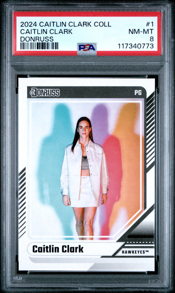 2024 Panini Caitlin Clark Collection Caitlin Clark #1 Donruss Iowa Hawkeyes PSA 8 front of card 2024 Panini Caitlin Clark Collection Caitlin Clark #1 Donruss Iowa Hawkeyes PSA 8 front of card