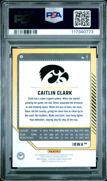 2024 Panini Caitlin Clark Collection Caitlin Clark #1 Donruss Iowa Hawkeyes PSA 8 back of card 2024 Panini Caitlin Clark Collection Caitlin Clark #1 Donruss Iowa Hawkeyes PSA 8 back of card