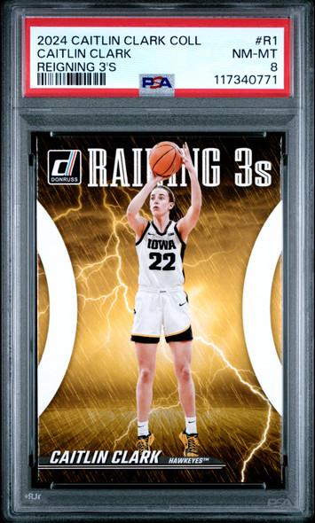 2024 Panini Caitlin Clark Collection Caitlin Clark #R1 Reigning 3's Iowa Hawkeyes PSA 8 front of card 2024 Panini Caitlin Clark Collection Caitlin Clark #R1 Reigning 3's Iowa Hawkeyes PSA 8 front of card