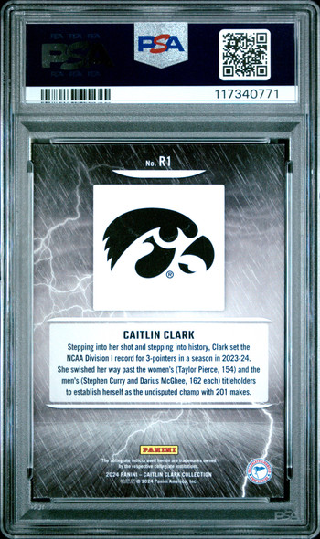 2024 Panini Caitlin Clark Collection Caitlin Clark #R1 Reigning 3's Iowa Hawkeyes PSA 8 back of card 2024 Panini Caitlin Clark Collection Caitlin Clark #R1 Reigning 3's Iowa Hawkeyes PSA 8 back of card