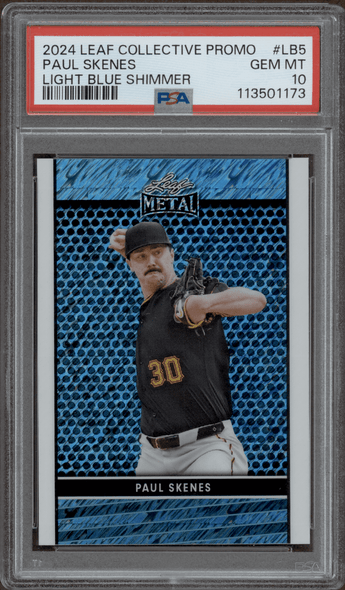 2024 Leaf Paul Skenes #LB5 Collective Promo Light Blue Shimmer Pittsburgh Pirates RC PSA 10 front of card 2024 Leaf Paul Skenes #LB5 Collective Promo Light Blue Shimmer Pittsburgh Pirates RC PSA 10 front of card