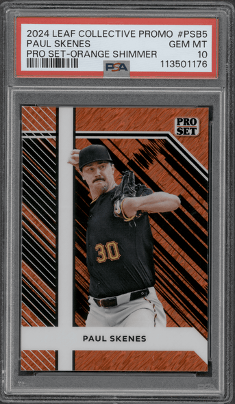 2024 Leaf Paul Skenes #PSB5 Collective Promo Pro Set, Orange Shimmer, 170/299 Pittsburgh Pirates RC PSA 10 front of card 2024 Leaf Paul Skenes #PSB5 Collective Promo Pro Set, Orange Shimmer, 170/299 Pittsburgh Pirates RC PSA 10 front of card