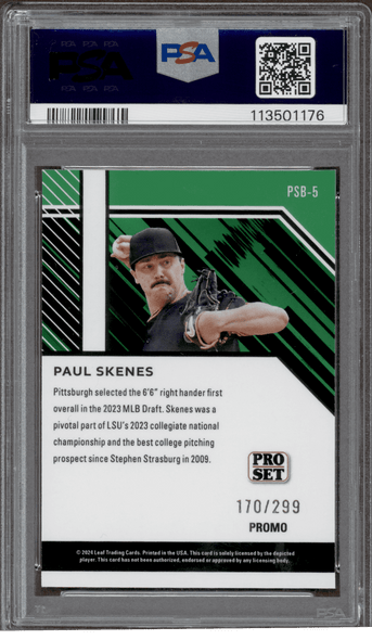 2024 Leaf Paul Skenes #PSB5 Collective Promo Pro Set, Orange Shimmer, 170/299 Pittsburgh Pirates RC PSA 10 back of card 2024 Leaf Paul Skenes #PSB5 Collective Promo Pro Set, Orange Shimmer, 170/299 Pittsburgh Pirates RC PSA 10 back of card