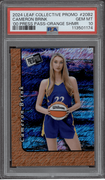 2024 Leaf Cameron Brink #20B2 Collective Promo Press Pass, Orange Shimmer, 275/299 Los Angeles Sparks RC PSA 10 front of card 2024 Leaf Cameron Brink #20B2 Collective Promo Press Pass, Orange Shimmer, 275/299 Los Angeles Sparks RC PSA 10 front of card