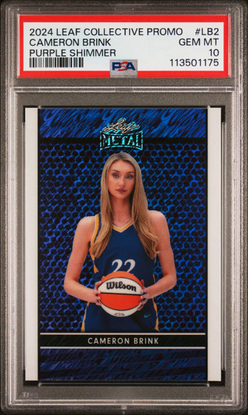 2024 Leaf Cameron Brink #LB2 Collective Promo Purple Shimmer Los Angeles Sparks RC PSA 10 front of card 2024 Leaf Cameron Brink #LB2 Collective Promo Purple Shimmer Los Angeles Sparks RC PSA 10 front of card