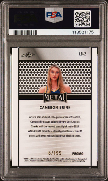 2024 Leaf Cameron Brink #LB2 Collective Promo Purple Shimmer Los Angeles Sparks RC PSA 10 back of card 2024 Leaf Cameron Brink #LB2 Collective Promo Purple Shimmer Los Angeles Sparks RC PSA 10 back of card