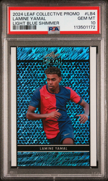 2024 Leaf Lamine Yamal #LB4 Collective Promo Light Blue Shimmer FC Bacrelona PSA 10 front of card 2024 Leaf Lamine Yamal #LB4 Collective Promo Light Blue Shimmer FC Bacrelona PSA 10 front of card