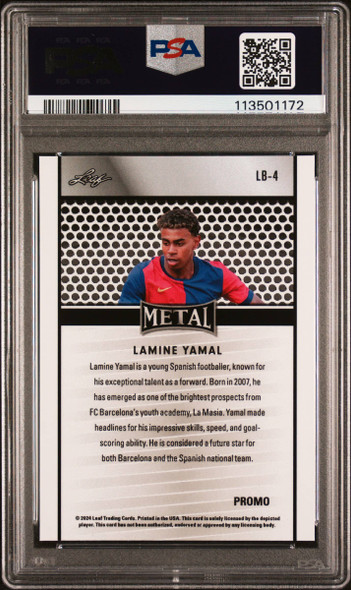 2024 Leaf Lamine Yamal #LB4 Collective Promo Light Blue Shimmer FC Bacrelona PSA 10 back of card 2024 Leaf Lamine Yamal #LB4 Collective Promo Light Blue Shimmer FC Bacrelona PSA 10 back of card