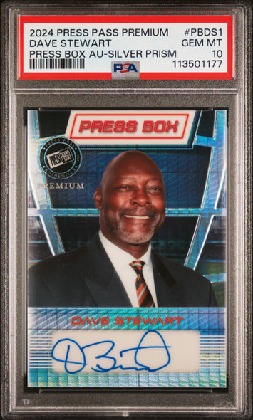 2024 Press Pass Premium Dave Stewart #PBDS1 Press Box Auto Silver Prism, 10/15 Oakland Athletics On-Card Autograph PSA 10 front of card 2024 Press Pass Premium Dave Stewart #PBDS1 Press Box Auto Silver Prism, 10/15 Oakland Athletics On-Card Autograph PSA 10 front of card