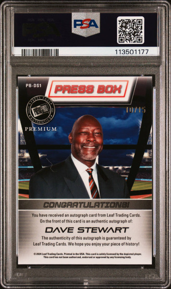 2024 Press Pass Premium Dave Stewart #PBDS1 Press Box Auto Silver Prism, 10/15 Oakland Athletics On-Card Autograph PSA 10 back of card 2024 Press Pass Premium Dave Stewart #PBDS1 Press Box Auto Silver Prism, 10/15 Oakland Athletics On-Card Autograph PSA 10 back of card