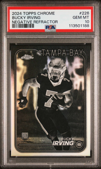 2024 Topps Chrome Bucky Irving #226 Negative Refractor Tampa Bay Buccaneers RC PSA 10 front of card 2024 Topps Chrome Bucky Irving #226 Negative Refractor Tampa Bay Buccaneers RC PSA 10 front of card