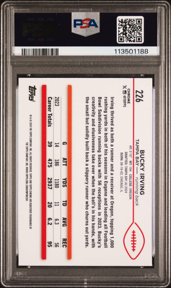 2024 Topps Chrome Bucky Irving #226 Negative Refractor Tampa Bay Buccaneers RC PSA 10 back of card 2024 Topps Chrome Bucky Irving #226 Negative Refractor Tampa Bay Buccaneers RC PSA 10 back of card
