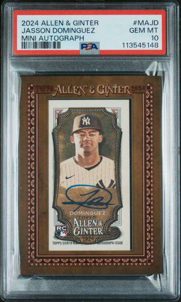 2024 Allen & Ginter Jasson Dominguez #MAJD Mini Autograph New York Yankees On-Card Autograph PSA 10 front of card 2024 Allen & Ginter Jasson Dominguez #MAJD Mini Autograph New York Yankees On-Card Autograph PSA 10 front of card